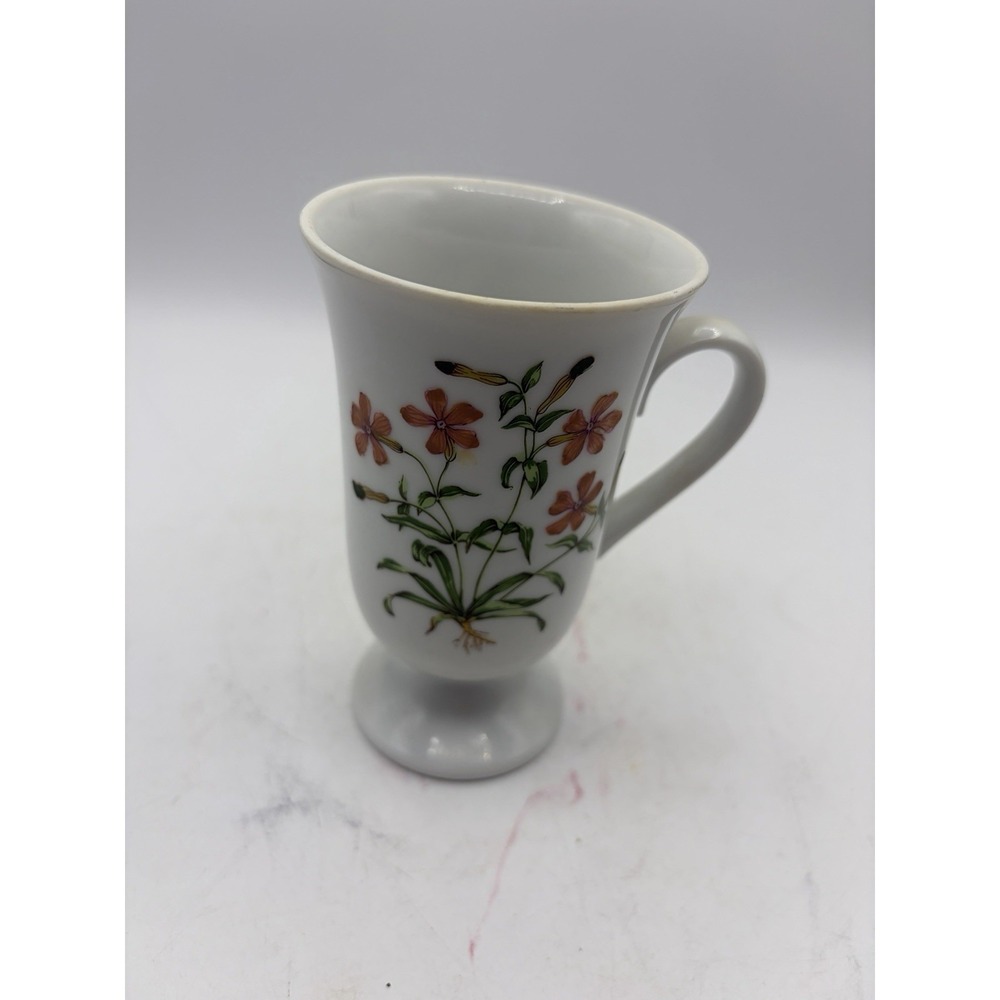 Vintage Floral Pedestal Mug Pink Wildflower Milk Glass Footed Coffee Cup